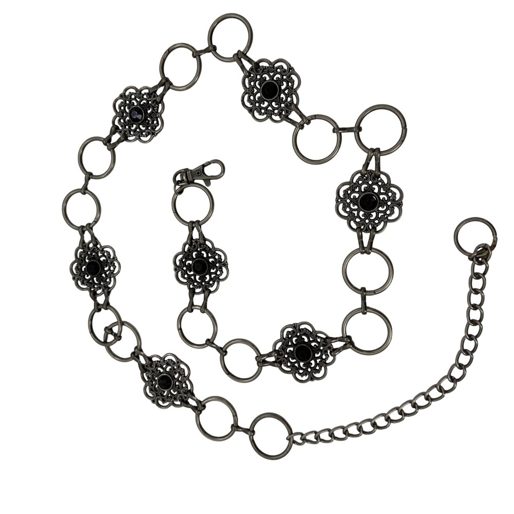 Vintage Silver Filigree Chain Belt Black Gemstone Medallion Boho Goth 48 Inch - Picture 8 of 9